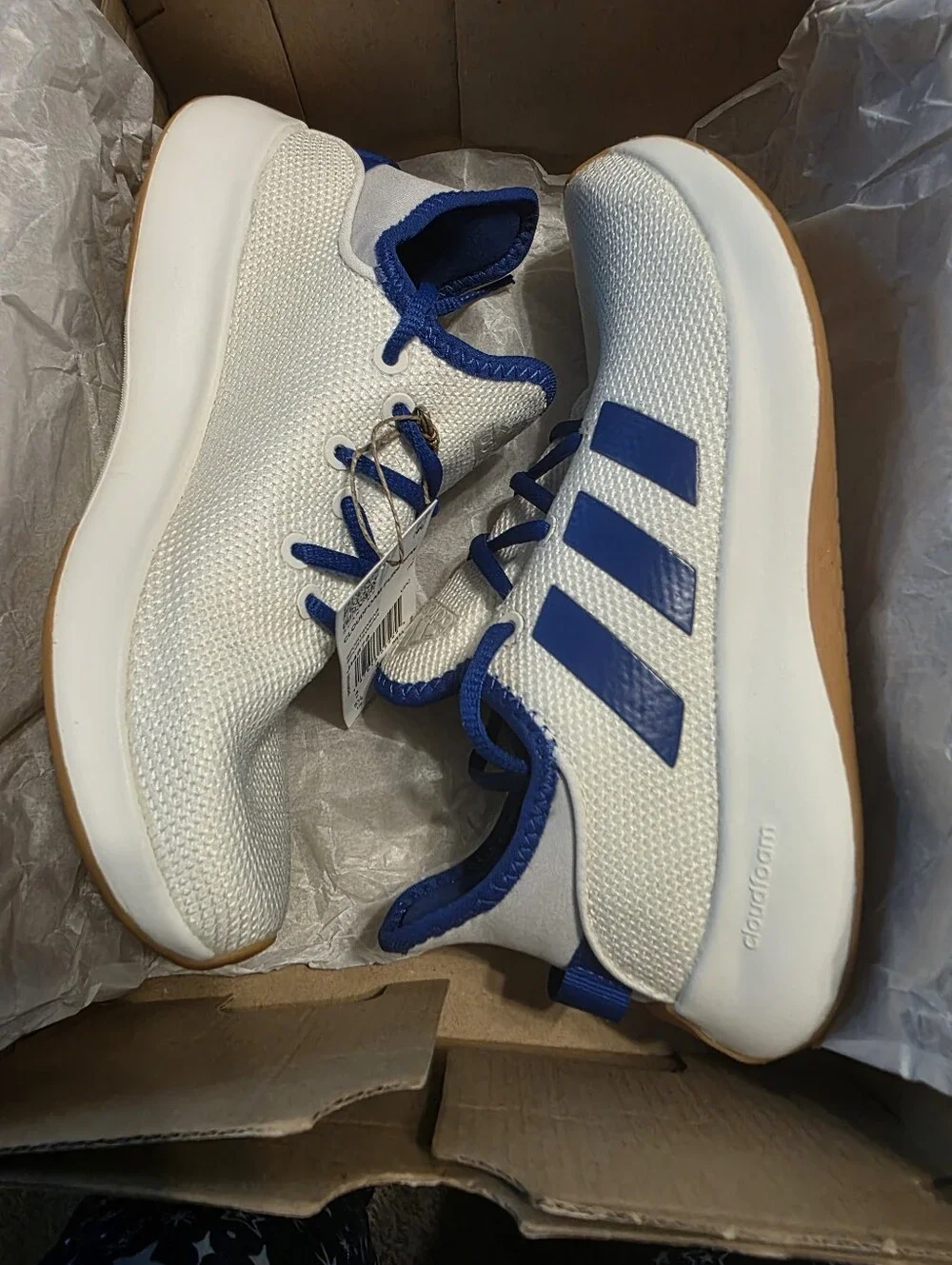 Adidas Cloudfoam Pure SPW White Knit Sneakers with Blue Stripes